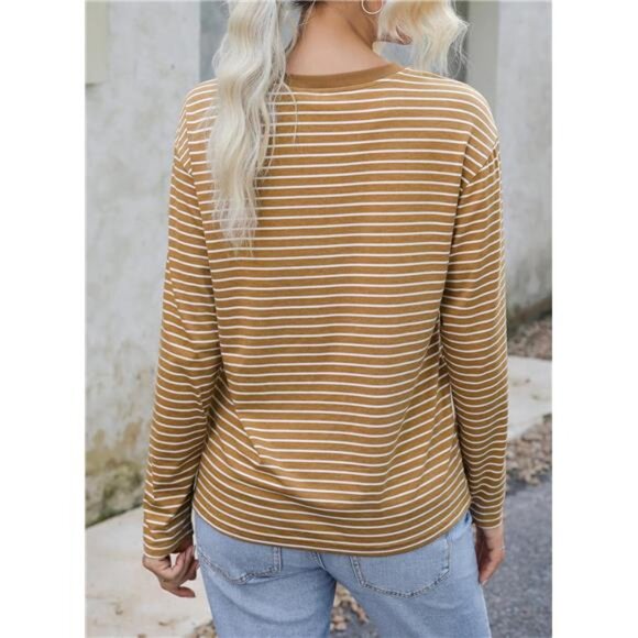 Women's Casual Striped Long Sleeve Tops Crew Neck Knit Basic T Shirts - Picture 3 of 7